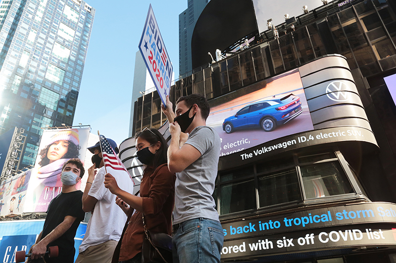 2020 Election Celebrations : New York City : Times Square : Richard Moore : Photographer : Photojournalist